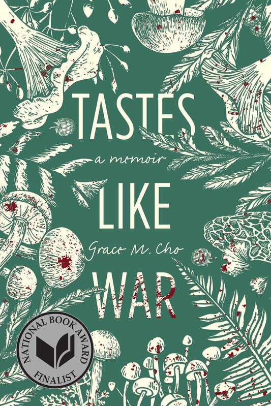 Book cover of 'Tastes Like War' with illustrations and a National Book Award finalist badge.