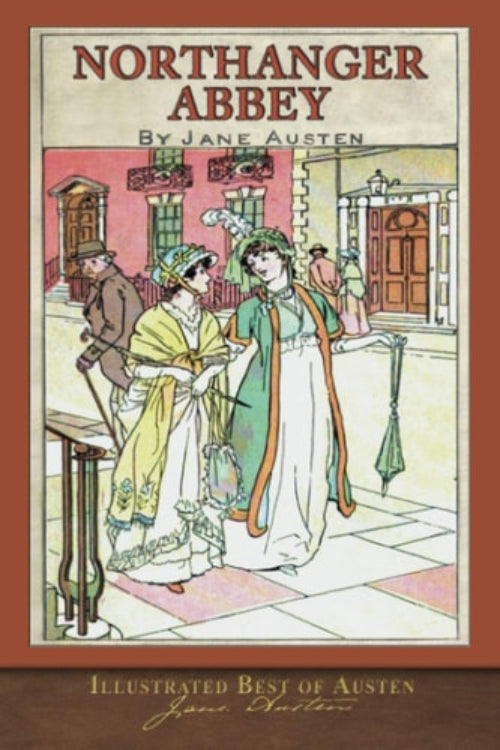 Cover of 'Northanger Abbey' featuring illustrated characters in a room, with the title and author's name 'Jane Austen' at the top.