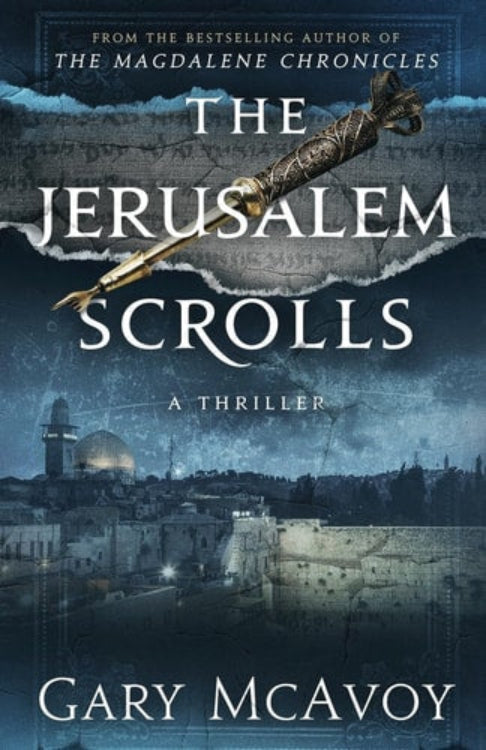 Book cover of 'The Jerusalem Scrolls' by Gary McAvoy with a scroll and cityscape background.