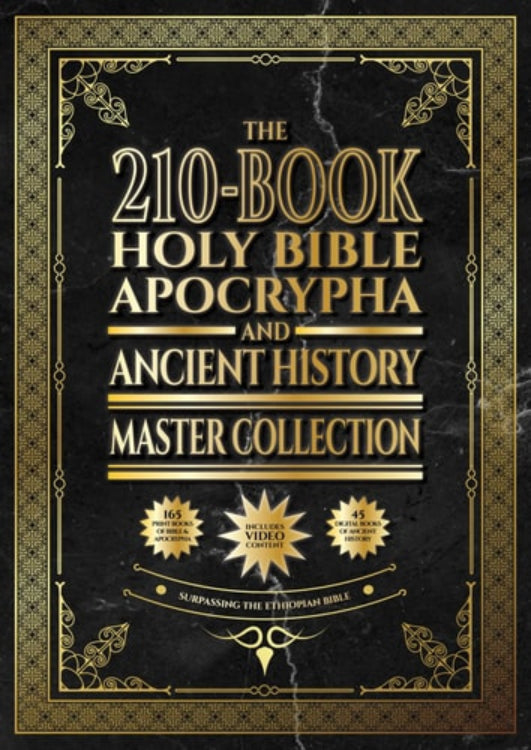 Cover of 'The 210-Book Holy Bible, Apocrypha, and Ancient History Master Collection' with ornate design elements, text detailing the title and collection scope.