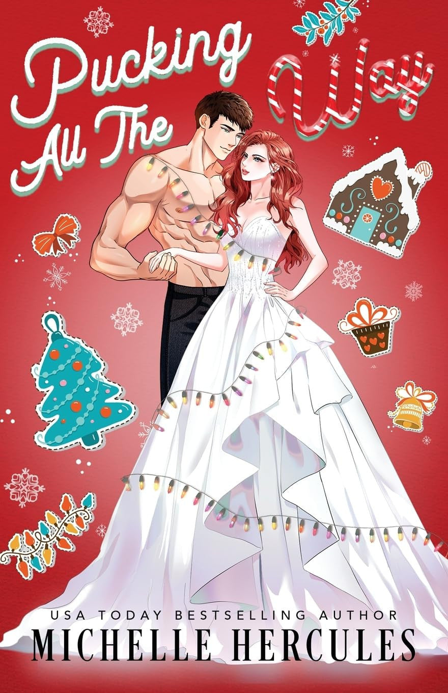Book cover of 'Pucking All The Christmas Trees' by Michelle Hercules with a couple in wedding attire on a red background.