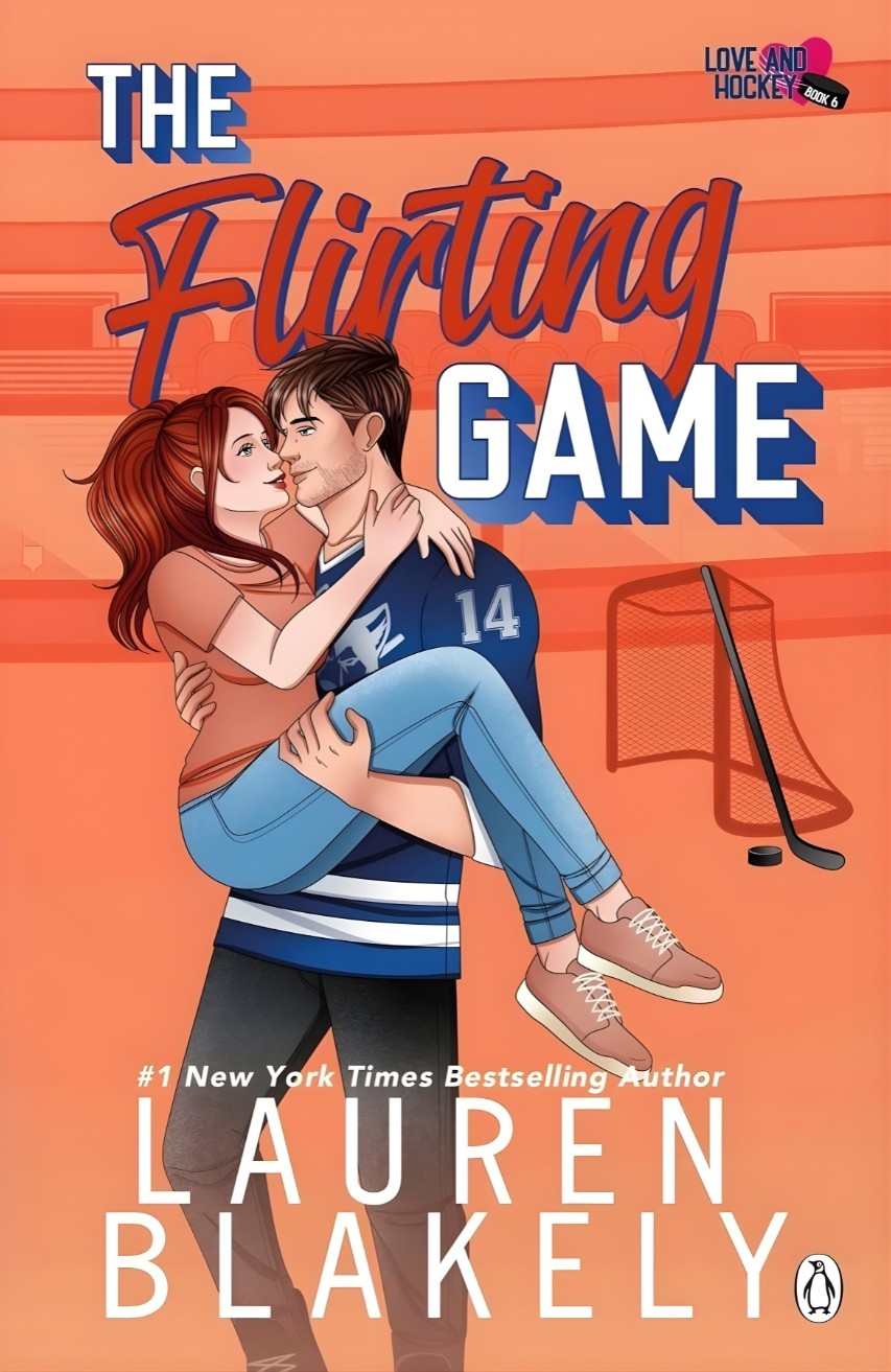 Book cover of 'The Flirting Game' by Lauren Blakely with a couple embracing on an orange background.