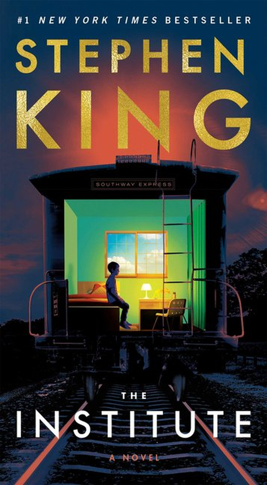 Book cover of 'The Institute' by Stephen King with a train car and person inside.