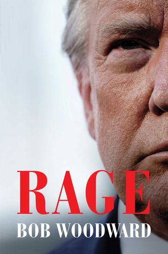 Cover of the book 'Rage' by Bob Woodward featuring a close-up of former President Donald Trump's face with the title in red and white text across the top.
