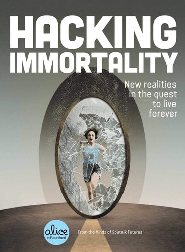 Book cover of 'Hacking Immortality' with a woman reflected in a broken mirror.