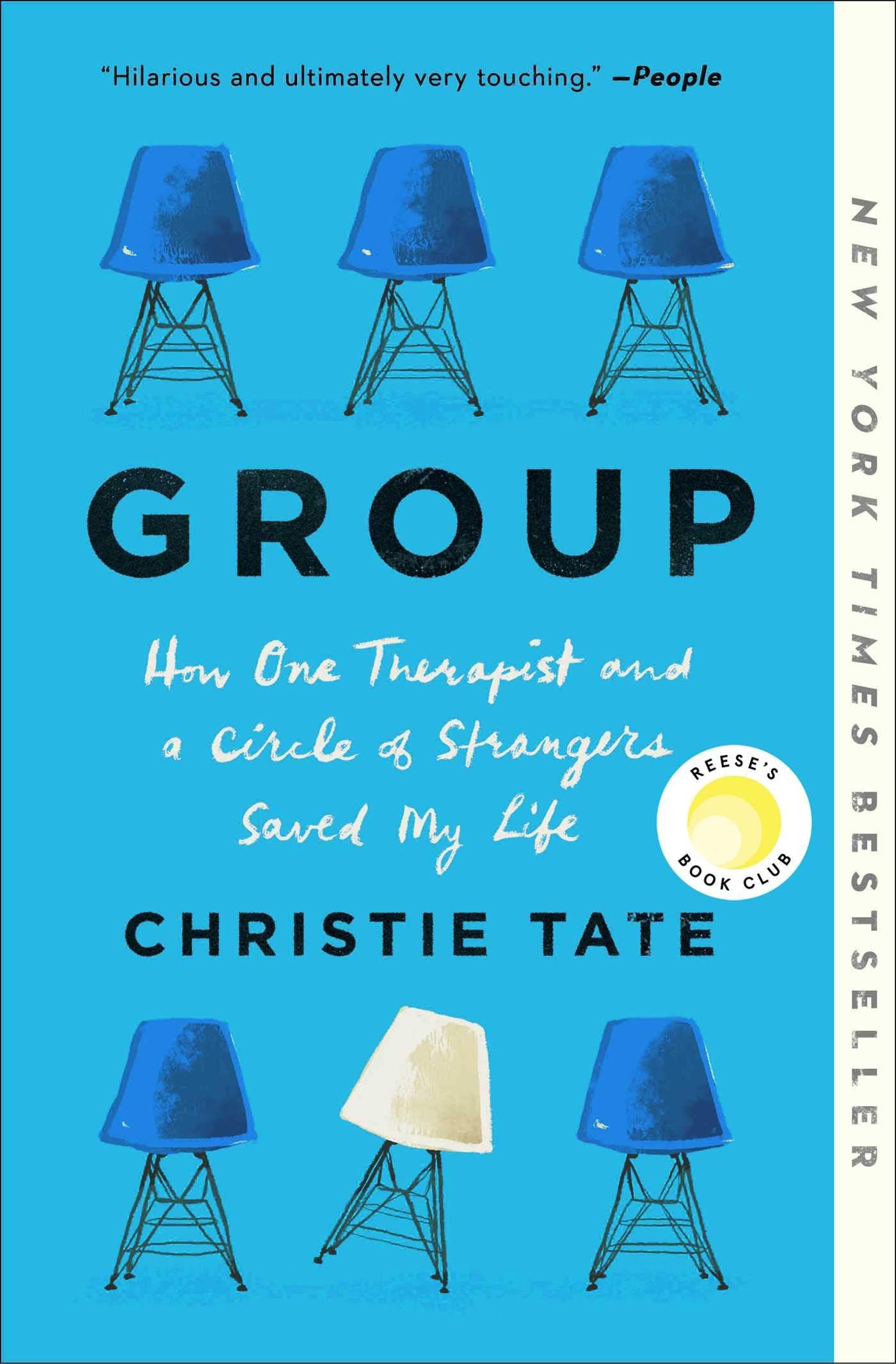 Book cover of 'Group' by Christie Tate with blue chairs on a blue background