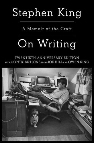 A black and white cover of the book 'On Writing: A Memoir of the Craft' by Stephen King, featuring an image of the author at a writing desk with a dog by his side.