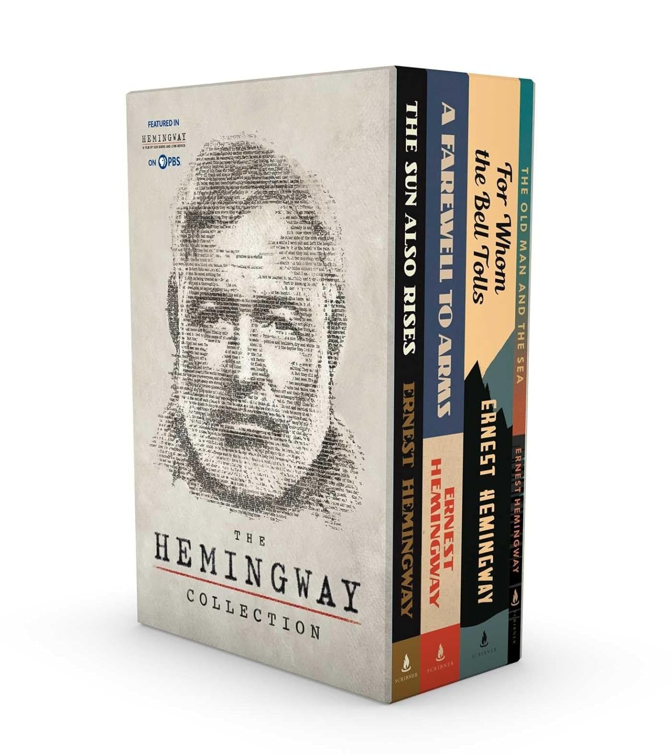 A book box set featuring four novels by Ernest Hemingway, including 'The Sun Also Rises', 'A Farewell to Arms', 'For Whom the Bell Tolls', and 'The Old Man and the Sea', packaged in a box with a graphic of Hemingway's face.