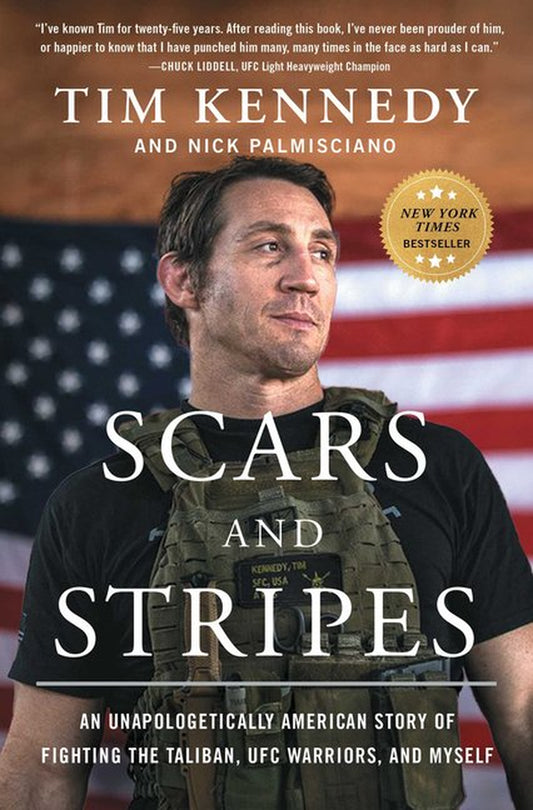 The cover of the book 'Scars and Stripes' features a man in military fatigues with a background of an American flag. The author, Tim Kennedy, is a Green Beret and the book is co-written with Nick Palmisciano.