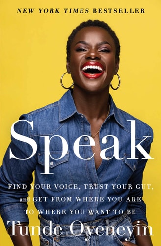 Book cover of 'Speak' by Tunde Oyeyemi with a woman in a denim jacket on a yellow background