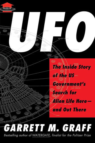 Book cover for 'UFO' by Garrett M. Graff, featuring a black background with large white 'UFO' text, a red title box, and a gray technical blueprint graphic.
