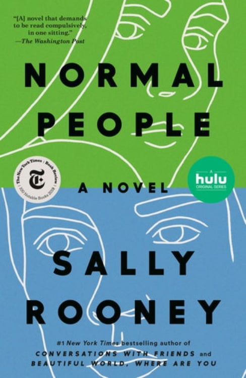 This image features the cover of "Normal People: A Novel" by Sally Rooney. The cover design is minimalist, utilizing a dual-tone background split vertically.