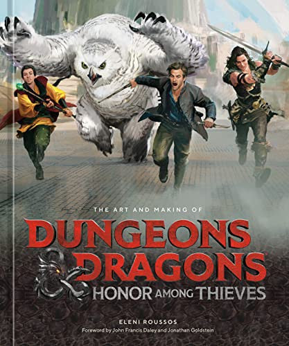 Book cover of 'The Art and Making of Dungeons & Dragons: Honor Among Thieves' with characters and an owl.