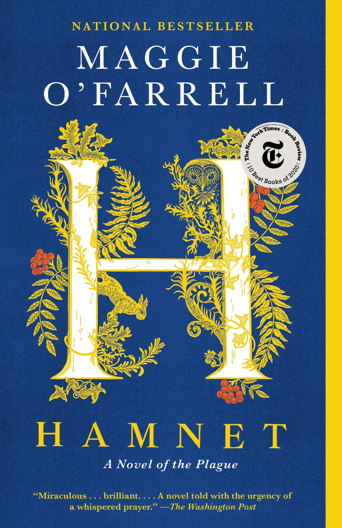 Book cover of 'Hamnet' by Maggie O'Farrell with decorative letter 'H' on a blue and yellow background.