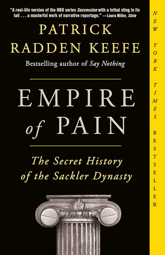 This image features the cover of the book "Empire of Pain: The Secret History of the Sackler Dynasty" by Patrick Radden Keefe. The cover design is elegant and simplistic, displaying the name "SACKLER" in bold, capital letters above the title.