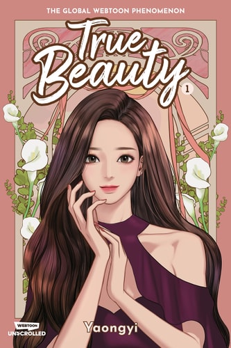 Cover of 'True Beauty Volume One: A WEBTOON Unscrolled Graphic Novel' featuring an illustration of a female character with long hair, wearing a purple dress, against a pink floral background.