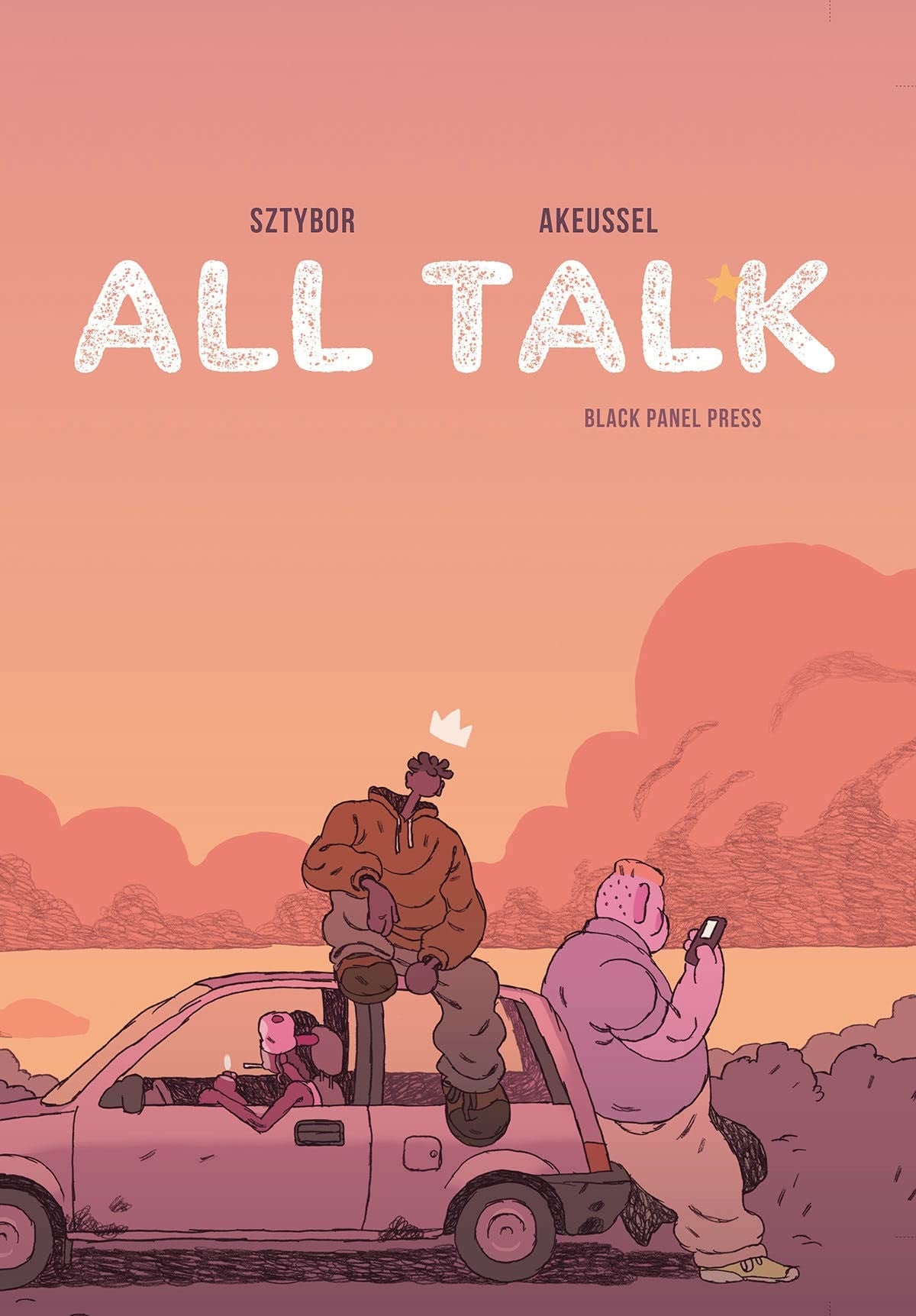 Book cover of 'All Talk' with two people by a car against a pink sky.