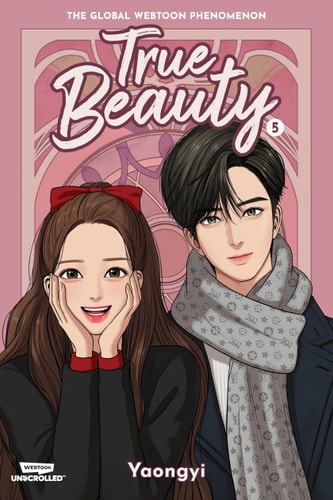 Cover of 'True Beauty Volume Five: A Webtoon Unscrolled Graphic Novel' featuring illustrations of two characters, a male and a female, with the female smiling and holding a makeup brush.
