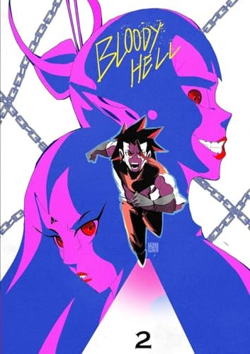 Cover of 'Bloody Hell' with stylized faces and a character, featuring the number 2.