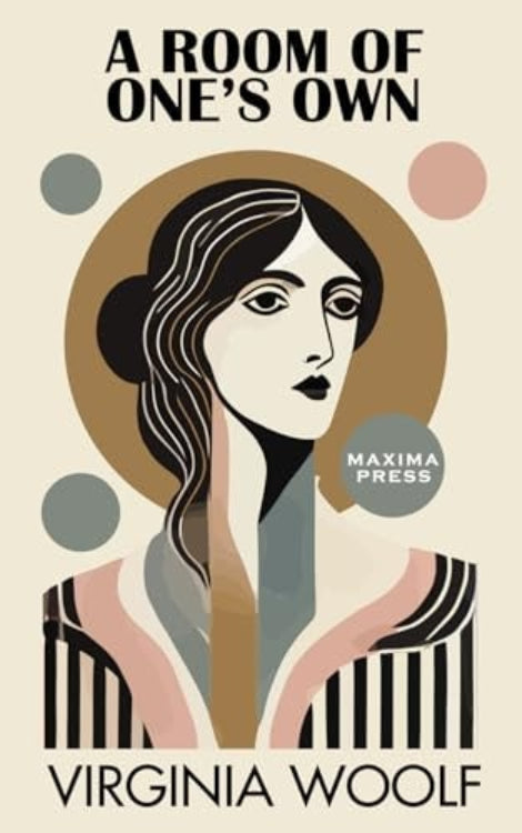 Book cover of 'A Room of One's Own' by Virginia Woolf, featuring a stylized portrait of a woman with a neutral color palette and geometric patterns.