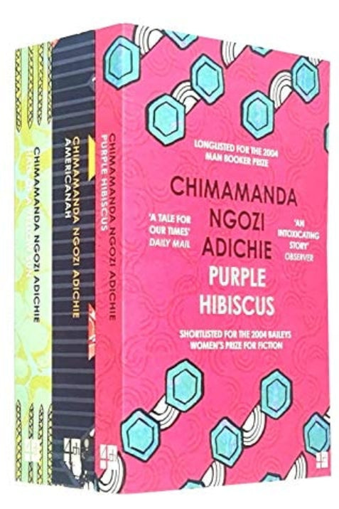 A collection of three books by Chimamanda Ngozi Adichie, titled 'Purple Hibiscus', 'Half of a Yellow Sun', and 'Americanah', with their respective covers displayed.