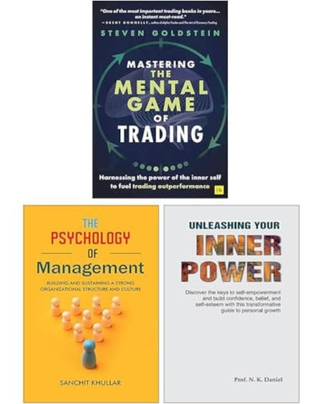 Three books on a white background: 'Mastering the Mental Game of Trading', 'The Psychology of Management', and 'Unleashing Your Inner Power'.