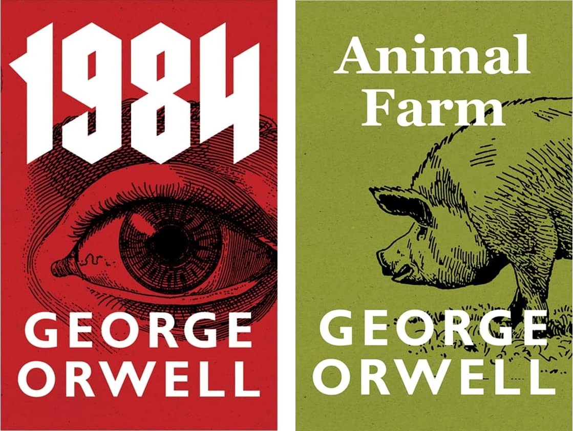 Two book covers of '1984' and 'Animal Farm' by George Orwell, one red with an eye illustration and the other green with a pig illustration.