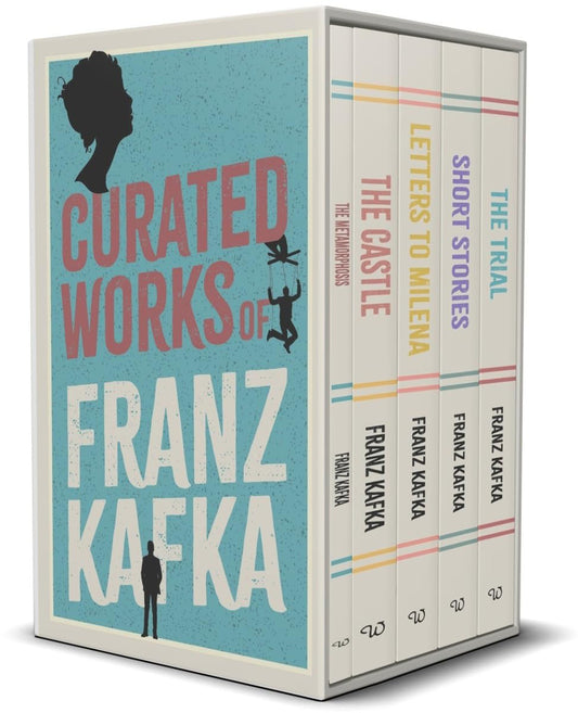 Book collection image of "Curated Works of Franz Kafka (5) Book Collection Box Set" featuring the box set of Curated Works of Franz Kafka, featuring five books with color-coded spines and a stylized design.