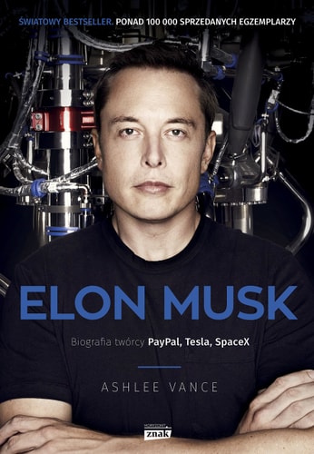 Book cover of 'Elon Musk [po Polsku]' with a person in front of rocket models