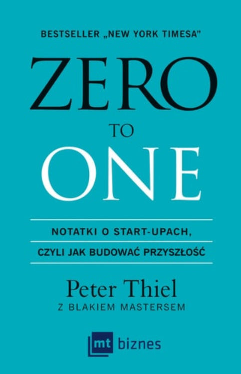 Cover of the book 'Zero to one' by Peter Thiel with the subtitle 'Notatki o start-upach, czyli jak budowac przyszlosc' displayed against a teal background.