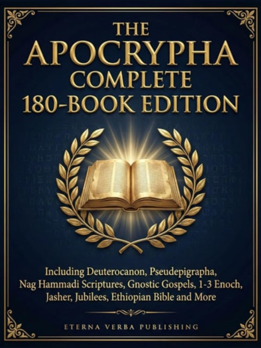 Cover of 'The Apocrypha Complete 180-Book Edition' with an open book and laurel wreath on a dark blue background.