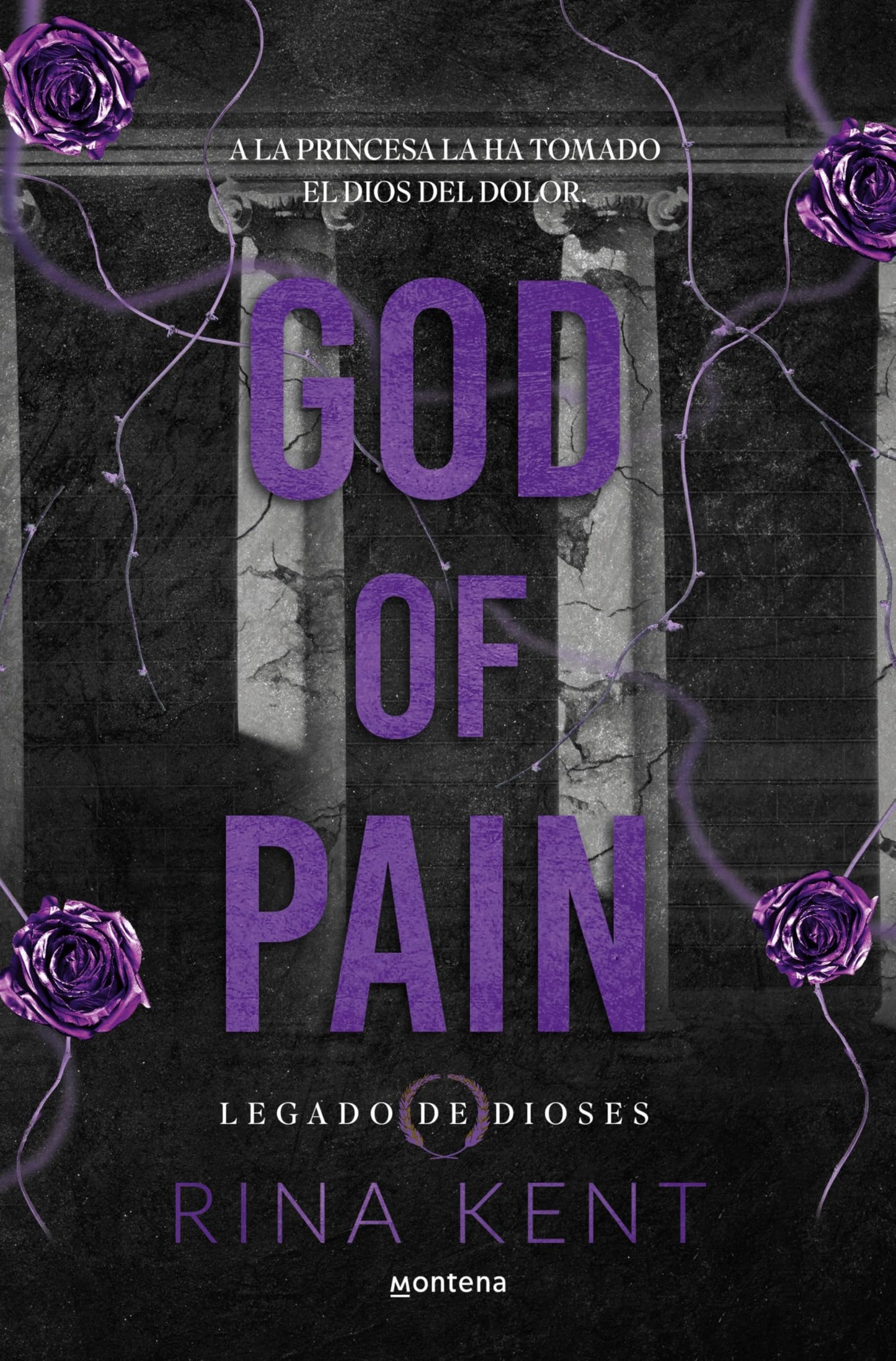 Book cover of 'God of Pain' by Rina Kent with purple text and roses on a dark background