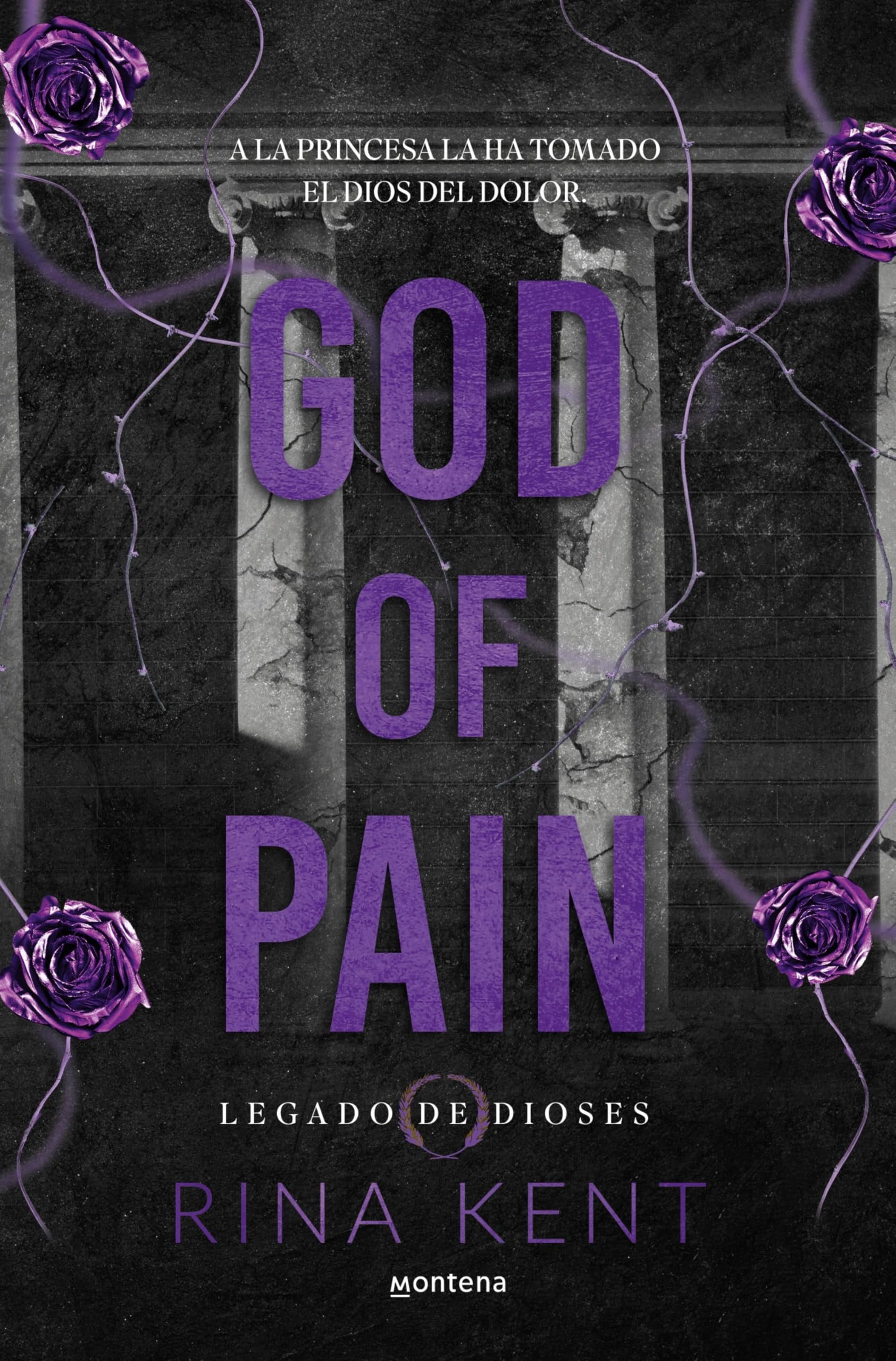 Book cover of 'God of Pain' by Rina Kent with purple text and roses on a dark background