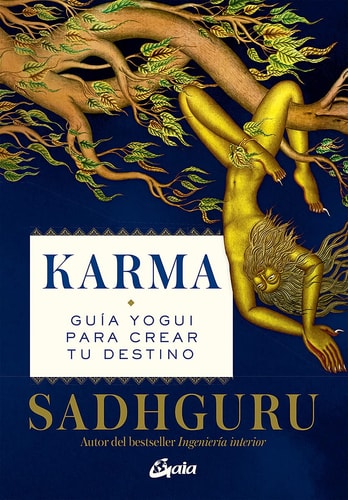 Book cover of 'Karma (en Español)' by Sadhguru with a blue background and gold figure.