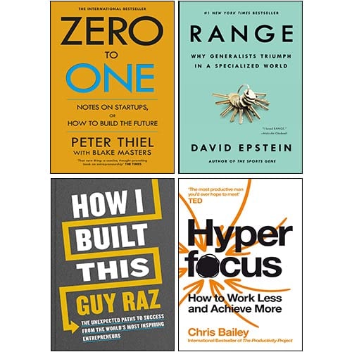 Image depicts four book covers in a 2x2 grid arrangement. The top left book cover is titled 'Zero to One' by Peter Thiel with a yellow background and an image of a computer chip.