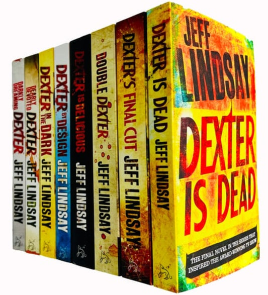 Book bundle of Dexter Books showing spines of entire collection of 8 paperbacks from the Dexter book series by Jeff Lindsay, featuring the title 'Dexter is Dead' on the cover.