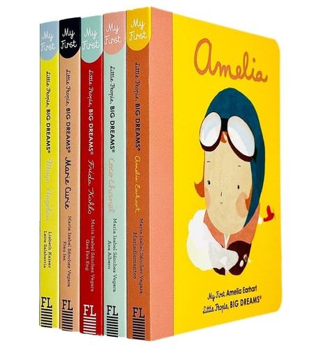 Set of children's books titled 'My First Big Dreams' with colorful covers and a central yellow book featuring an illustration of a girl with goggles.