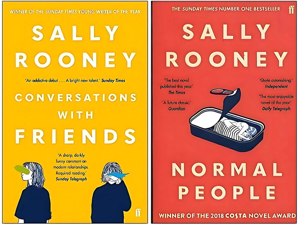 Two book covers of 'Conversations with Friends' and 'Normal People' by Sally Rooney, with vibrant solid-color backgrounds and simple graphic elements.