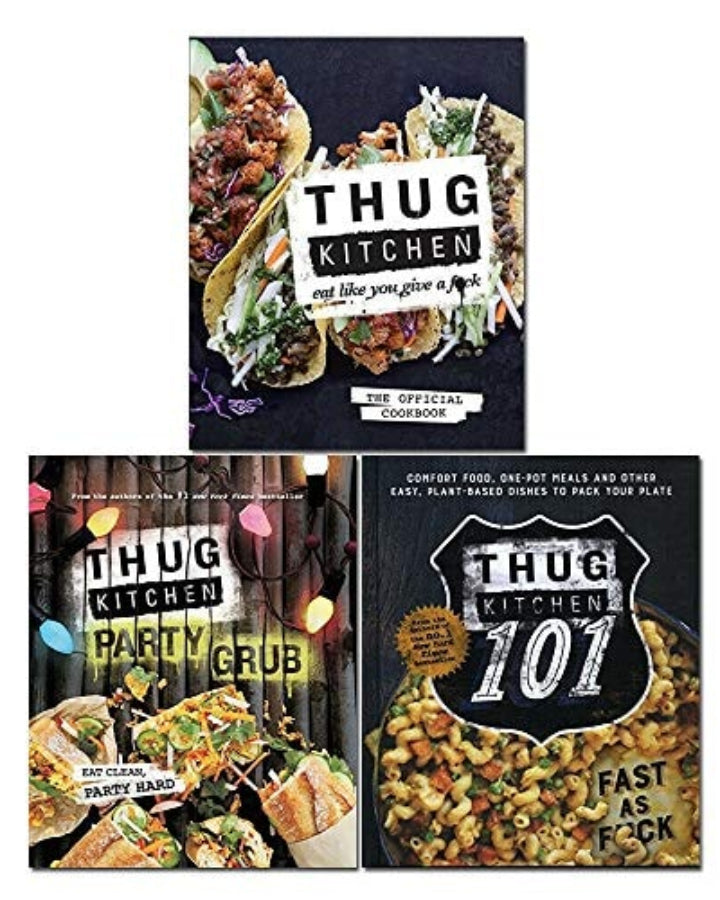 Three 'Thug Kitchen' cookbooks displayed on a white background