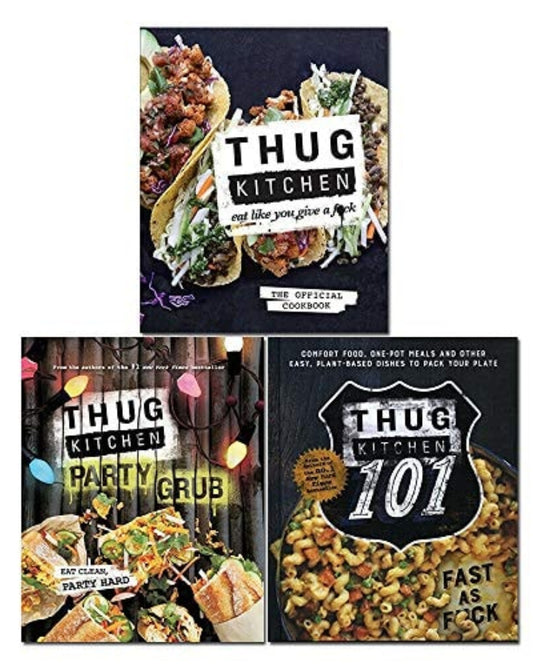 Three 'Thug Kitchen' cookbooks displayed on a white background