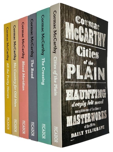Set of Cormac McCarthy books arranged vertically on a white background