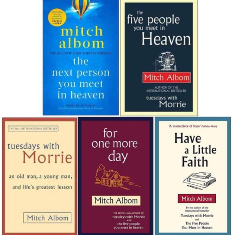 A collection of five books by Mitch Albom, including 'The Next Person You Meet in Heaven', 'The Five People You Meet in Heaven', 'Tuesdays with Morrie', 'For One More Day', and 'Have a Little Faith'. The book covers are predominantly white or blue with title and author name displayed.
