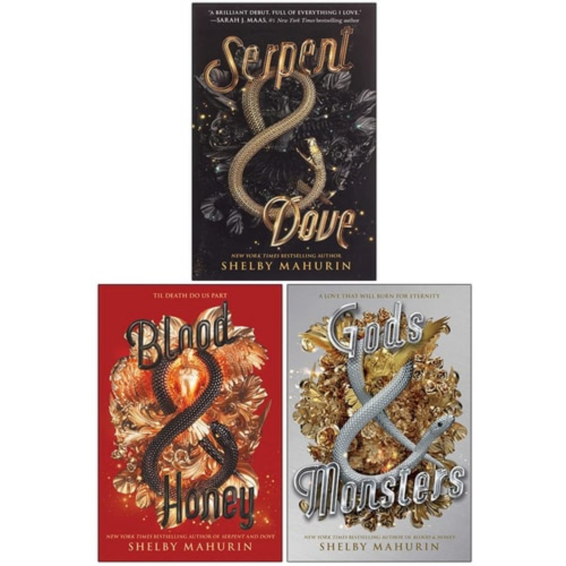 Book front cover display for "Serpent & Dove 3-Books Bundle by Shelby Mahurin | Gods & Monsters, Serpent & Dove & Blood & Honey" The three book covers of 'Serpent & Dove', 'Blood & Honey', and 'Gods & Monsters' by Shelby Mahurin on a white background.