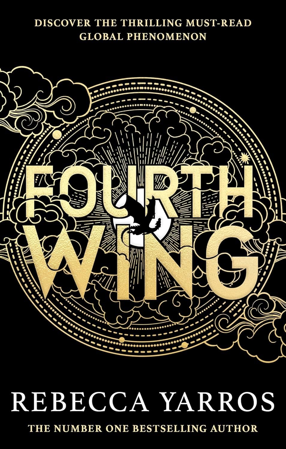 Book cover of 'Fourth Wing' by Rebecca Yarros with decorative gold text on a black background