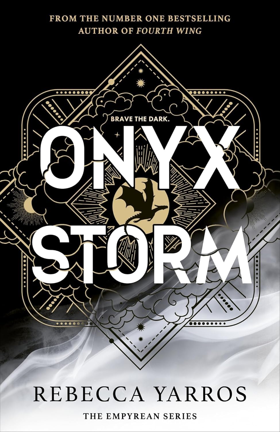 Book cover of 'Onyx Storm' by Rebecca Yarros with decorative elements and text.