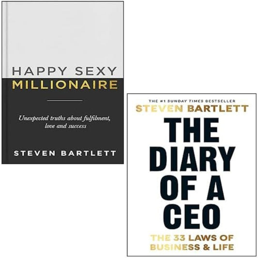 Two book covers by Steven Bartlett, one titled 'Happy Sexy Millionaire' and the other 'The Diary of a CEO: The 33 Laws of Business & Life'.
