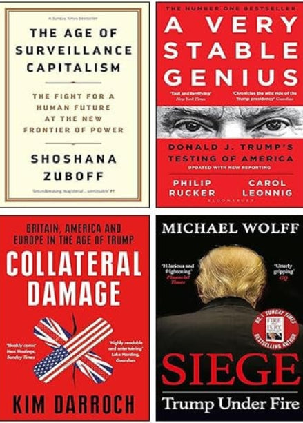 Four book covers featured: "The Age of Surveillance Capitalism," "Collateral Damage," "A Very Stable Genius," "Siege: Trump Under Fire." All paperback edition book covers featured for the investigative power 4-book bundle.