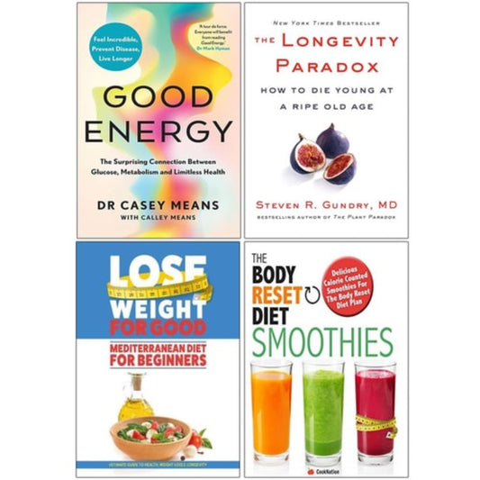 Image depicts the cover images of four different books. Top left is 'Good Energy' by Dr Casey Means, top right is 'The Longevity Paradox' by Steven R.