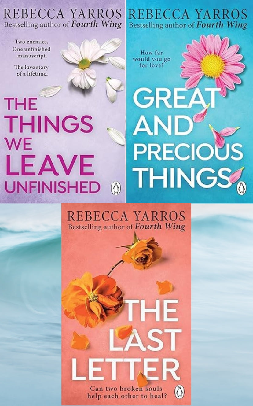Three book covers of Rebecca Yarros' novels with floral designs on a light blue background.