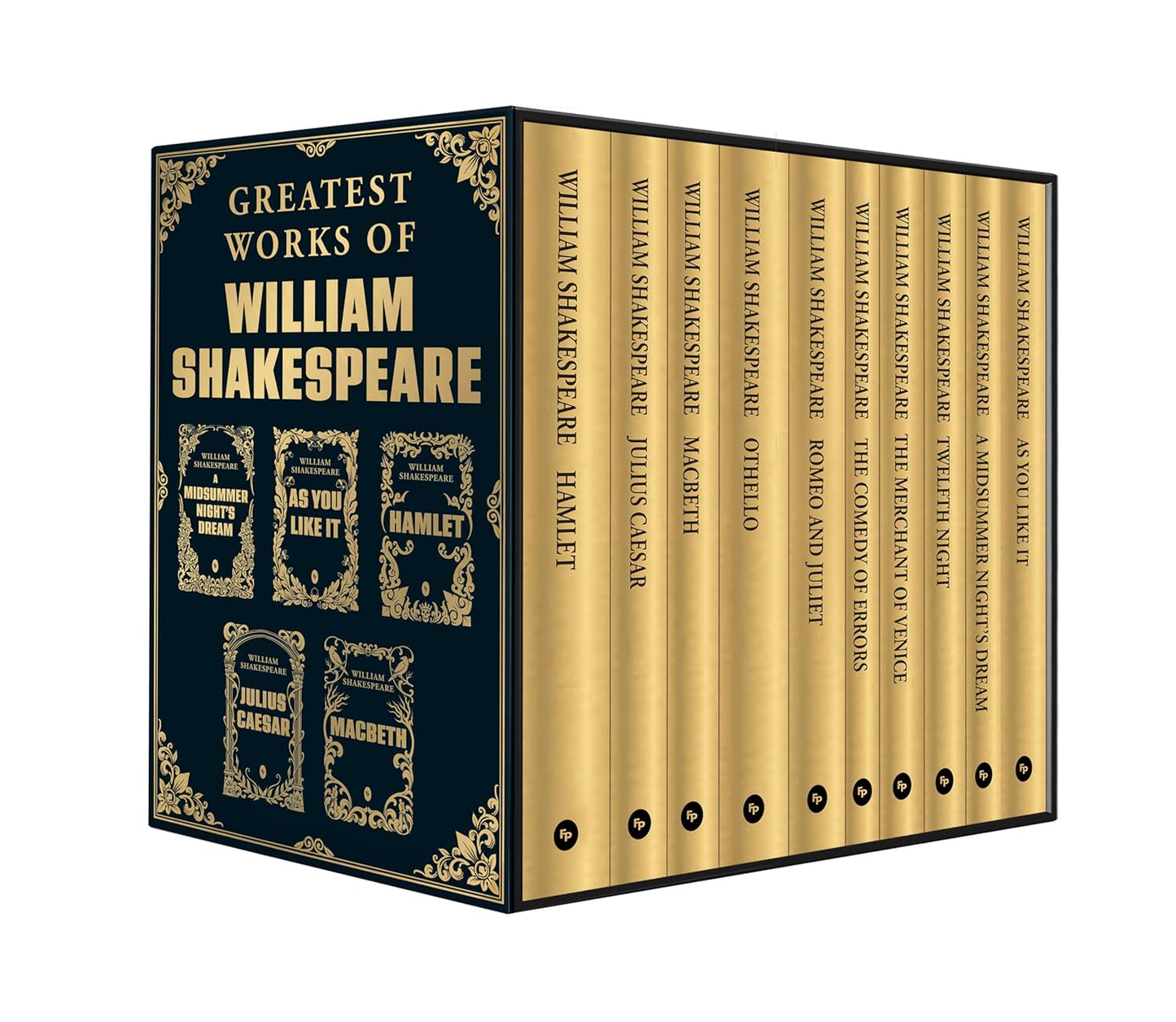 Book box set of 'Shakespeare Box Set: Greatest Works of William Shakespeare [ISBN: 9789354407000]' featuring a gilded style casing.